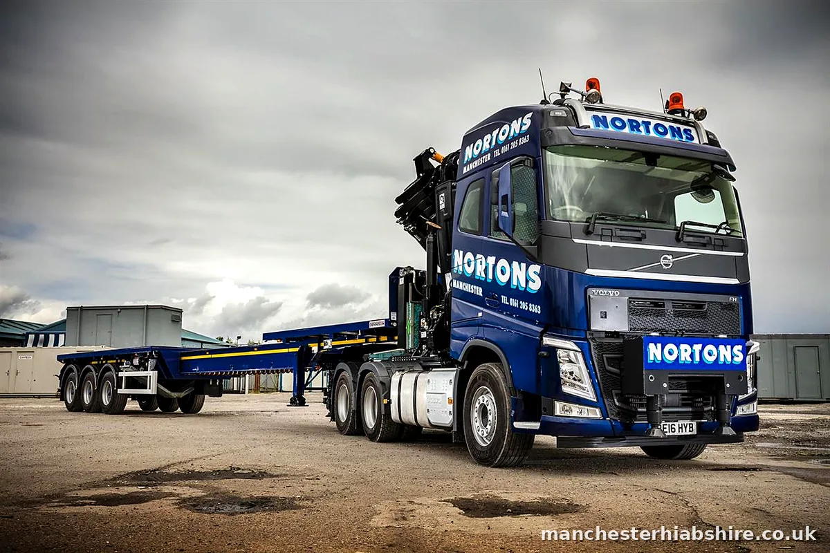 HIAB lorry and trailer photographed side on in the yard