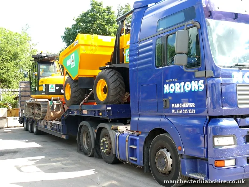Low loader with plant machinery loaded, side view