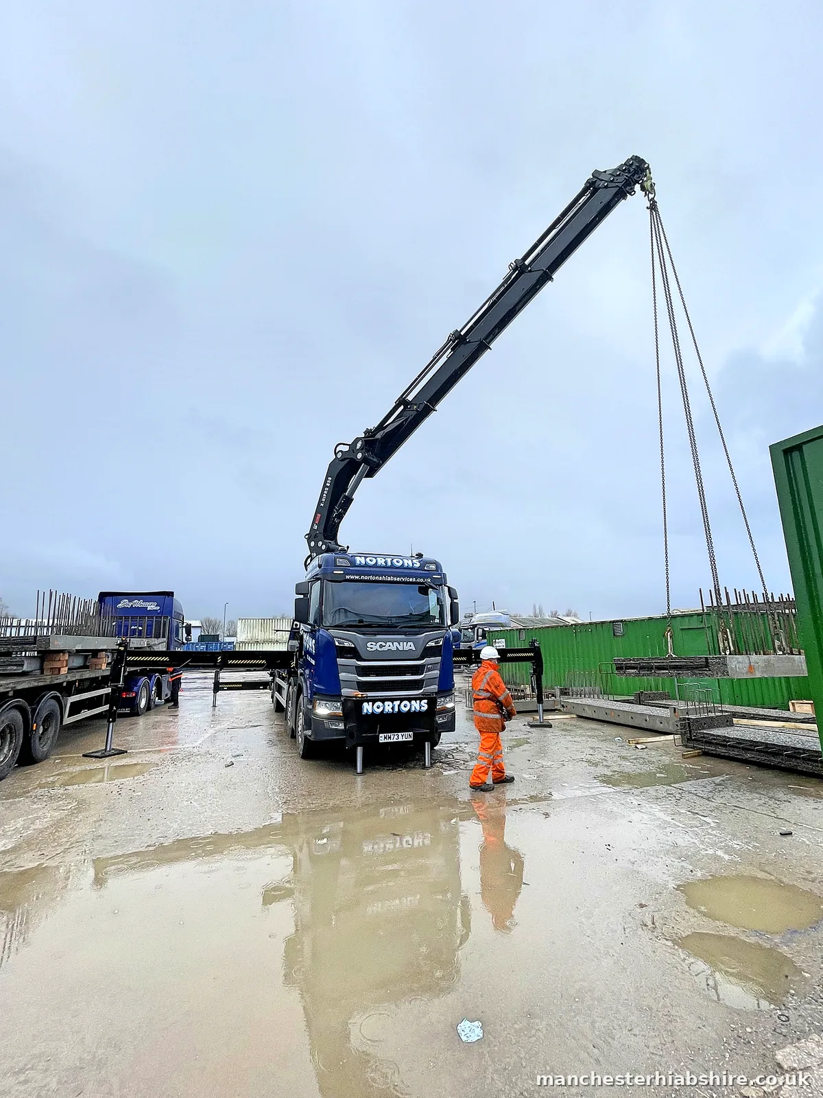 Rigid HIAB lorry with the lorry mounted crane folded behind the cab