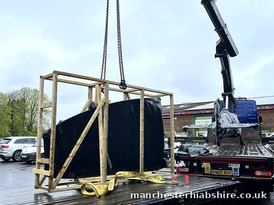 Crated stone slabs loaded for transport