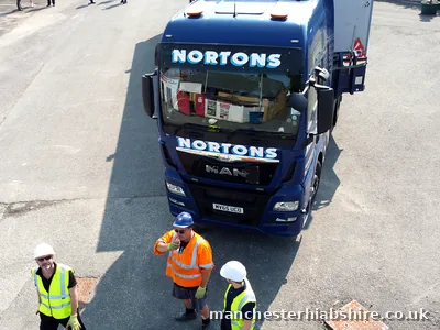 Overhead view of the lorry with three crew on site in full protective equipment